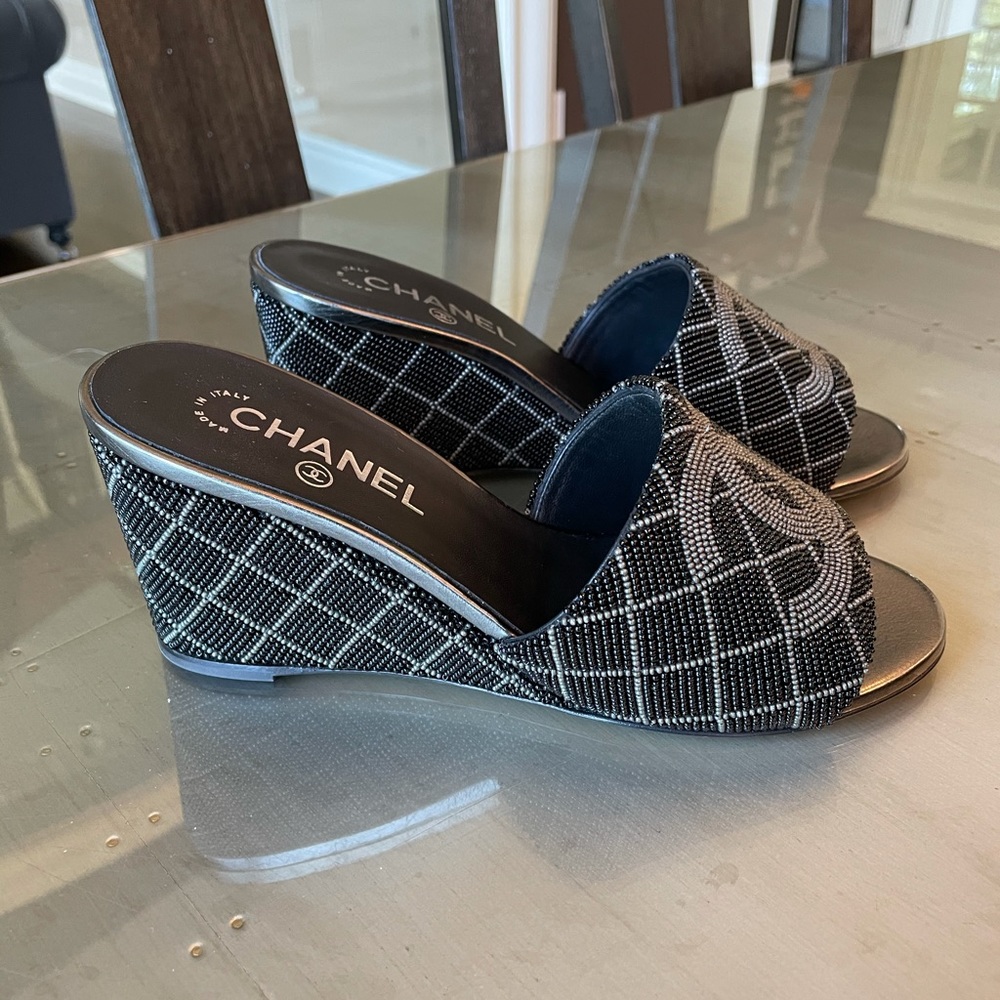Chanel beaded mules sandals wedge black logo open toe quilted sandal 38.5
